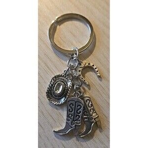 Western Cowboy Boots Hat Horseshoe Charm  Keyring Keychain Silver Tone Rodeo -G-